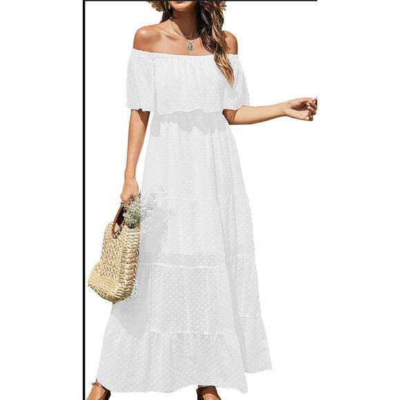NWT Soft White Swiss Dot Off Shoulder Maxi XL - Picture 1 of 3